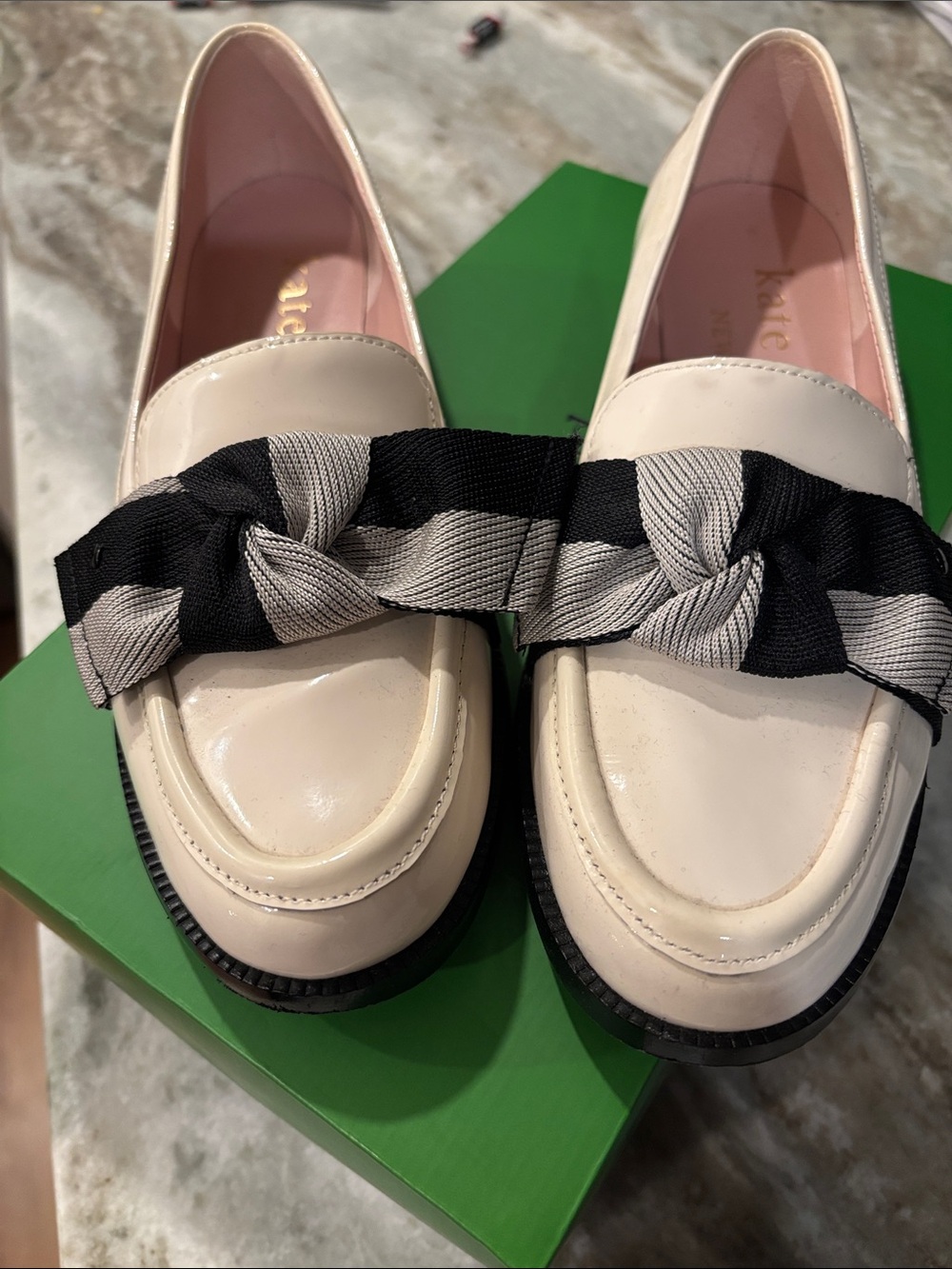 Kate Spade Cream / Black Women’s Loafers with Black & Gray Ribbon Accent